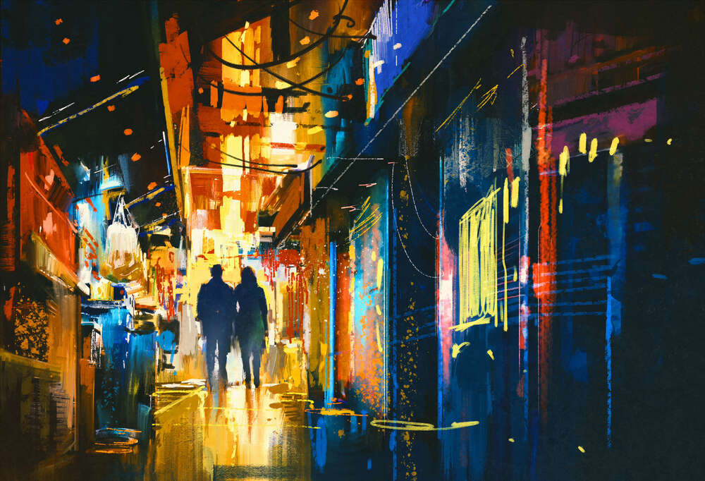 картина-постер Силуєты пары в ночном антураже города