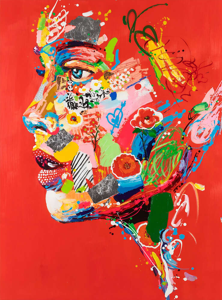 картина-постер Абстрактный портрет девушки в красных тонах