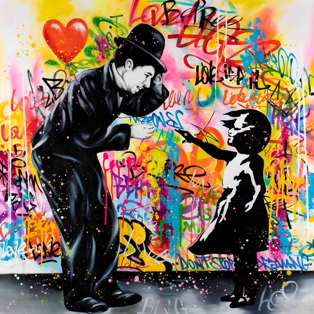 картина-постер Арт граффити Чарли Чаплина с девочкой в стиле Бэнкси
