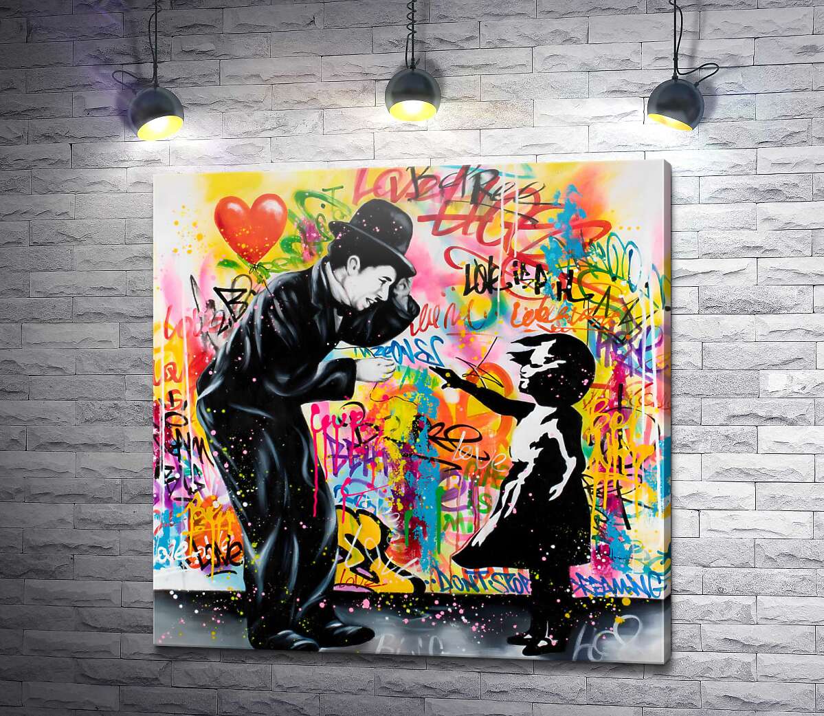 картина Арт граффити Чарли Чаплина с девочкой в стиле Бэнкси