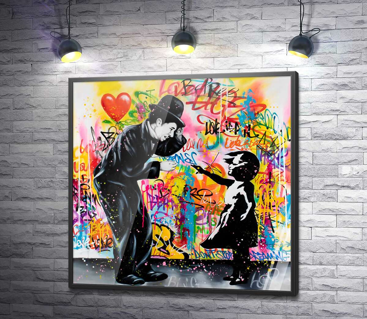 постер Арт граффити Чарли Чаплина с девочкой в стиле Бэнкси