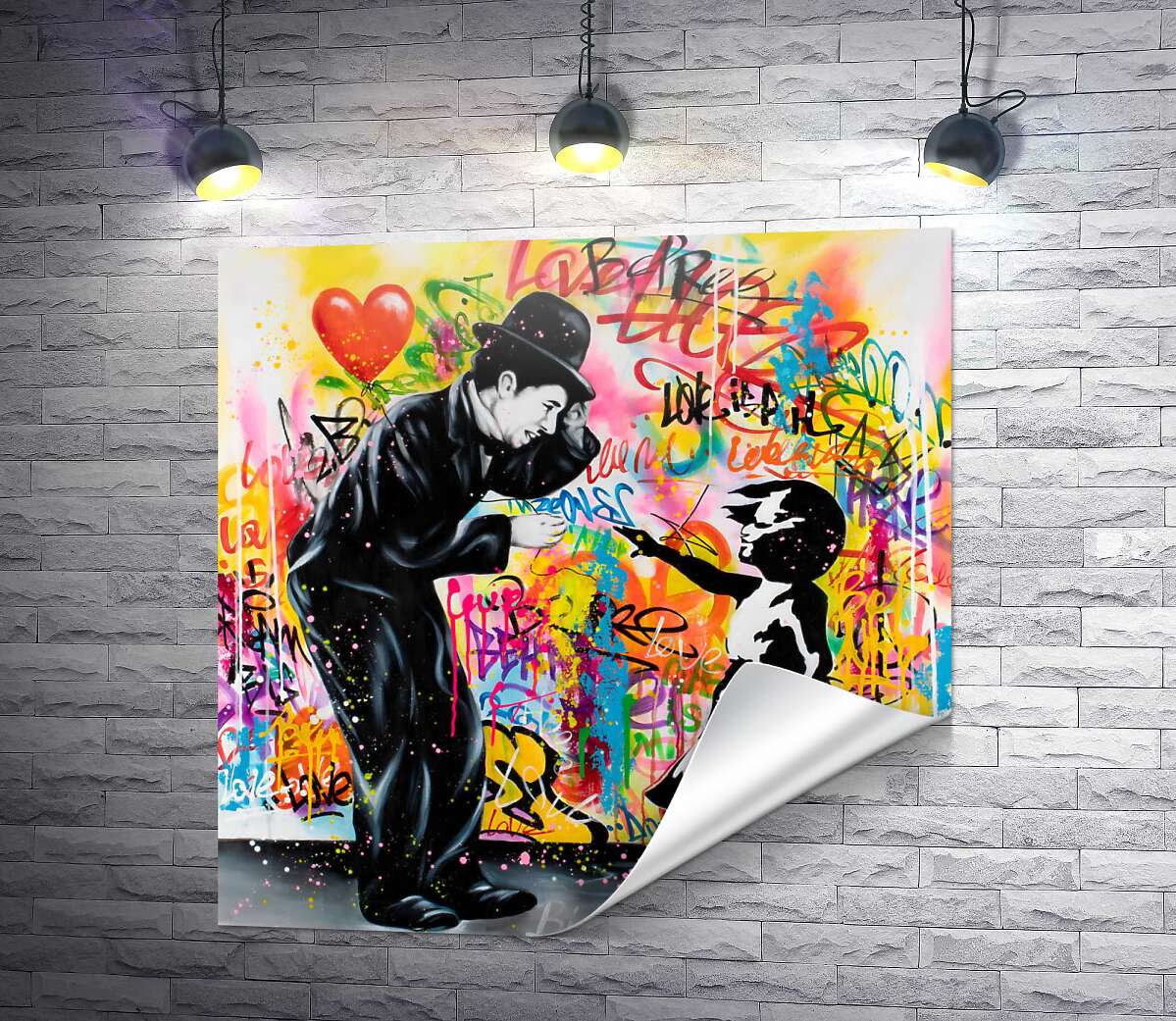 друк Арт графіті Чарлі Чапліна з дівчинкою в стилі Бенксі