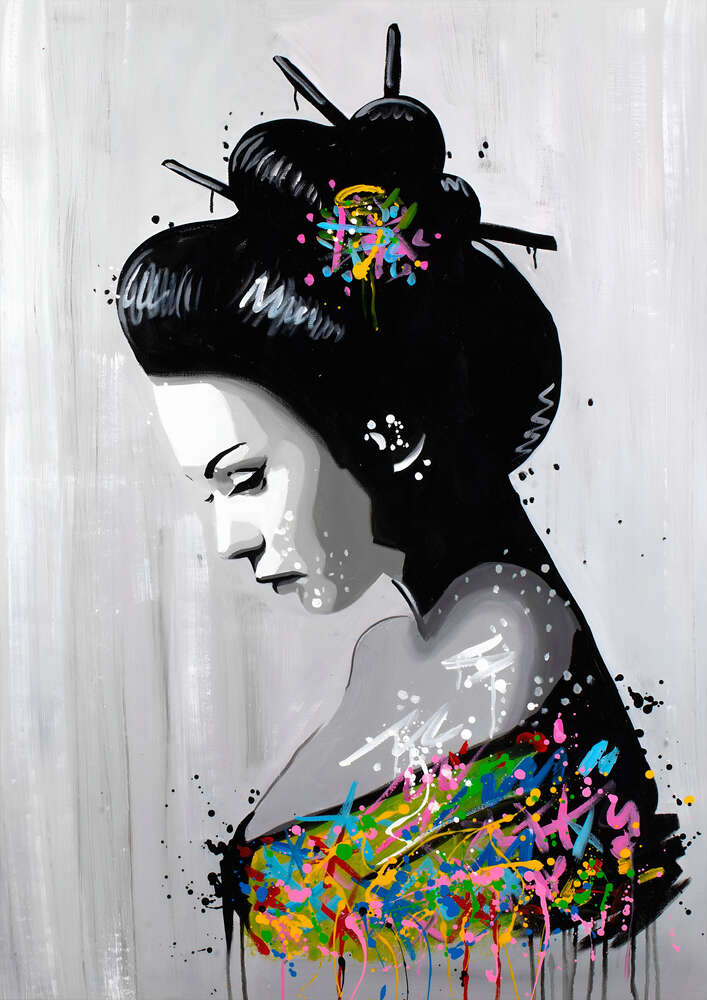 картина-постер Девушка в азиатском стиле и брызги краски