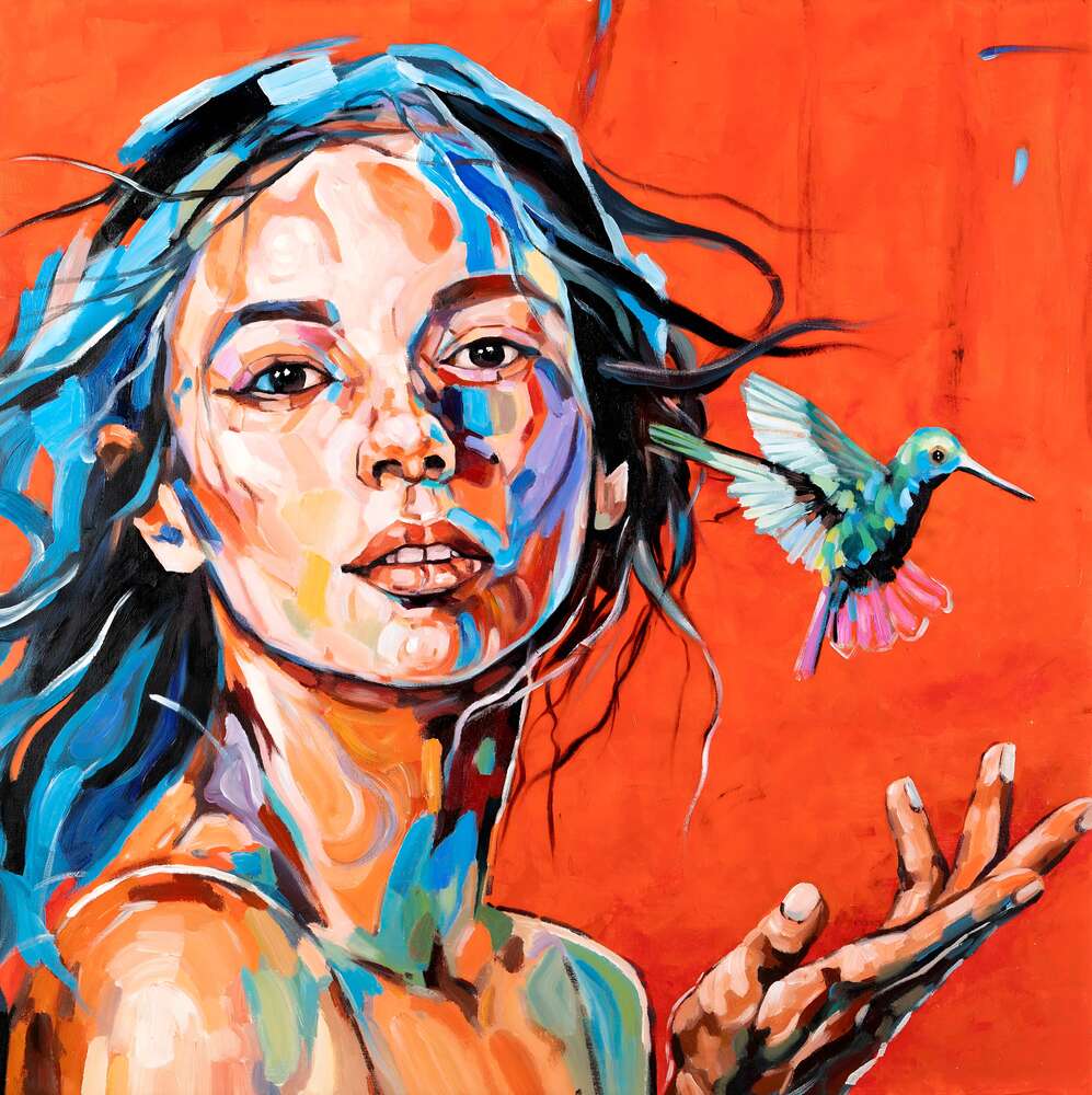 картина-постер Портрет обворожительной девушки с колибри