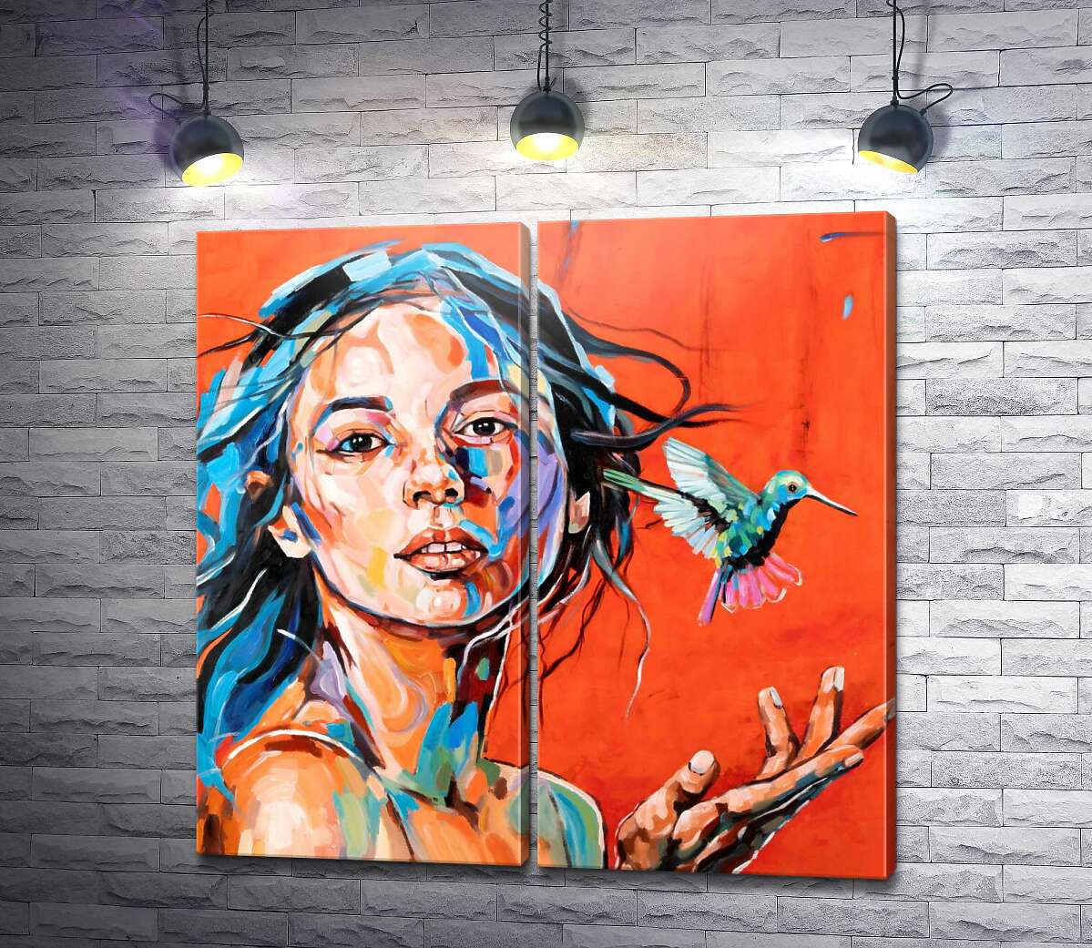 модульная картина Портрет обворожительной девушки с колибри
