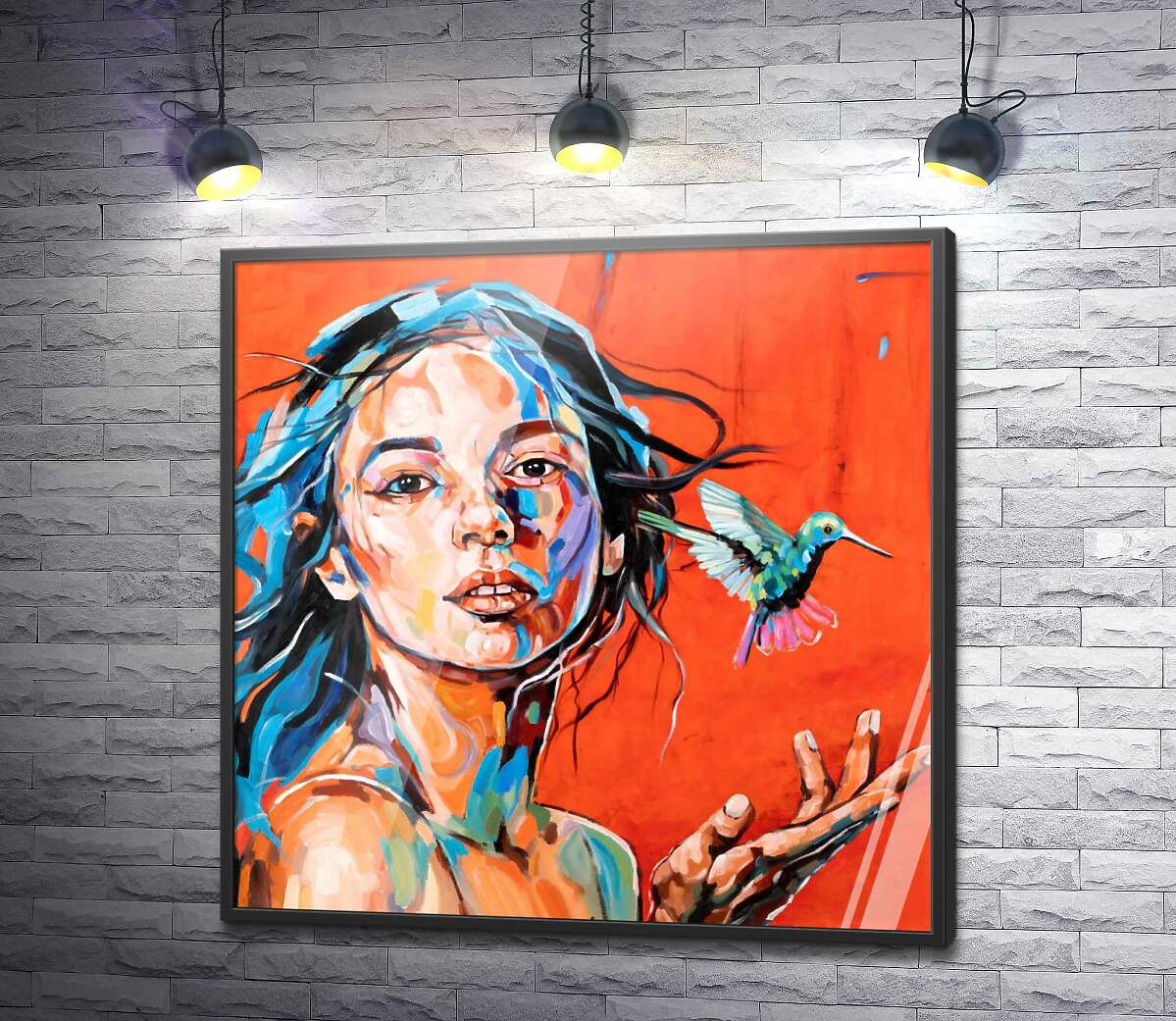 постер Портрет обворожительной девушки с колибри