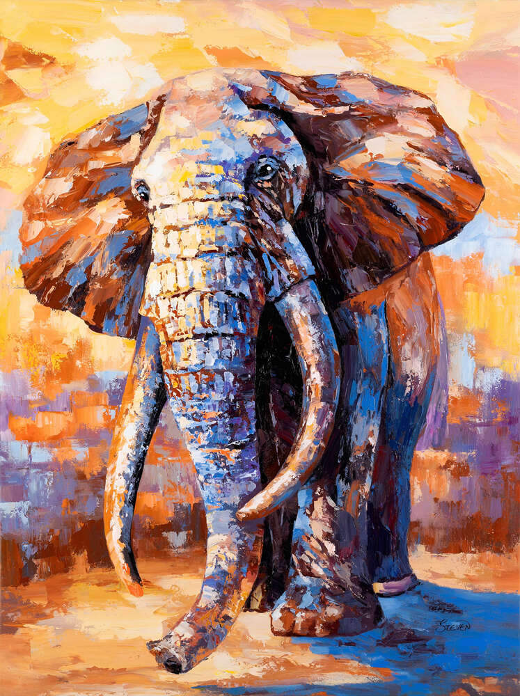 картина-постер Величезний слон у синьо-жовтогарячих фарбах