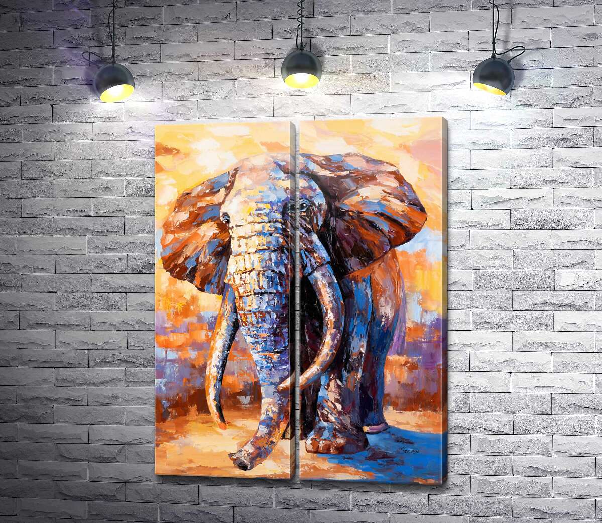 модульна картина Величезний слон у синьо-жовтогарячих фарбах