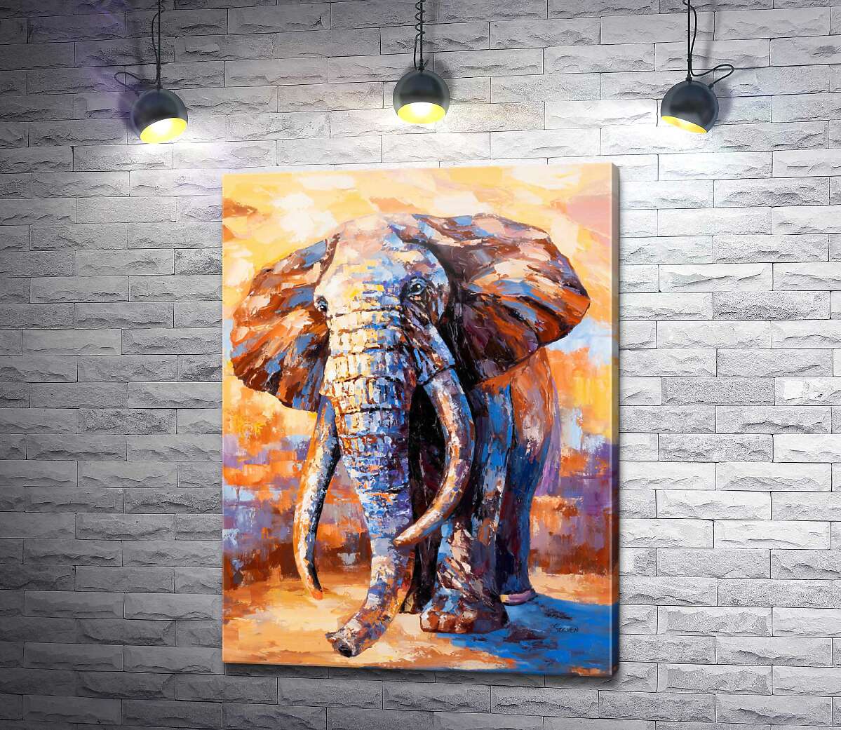 картина Величезний слон у синьо-жовтогарячих фарбах