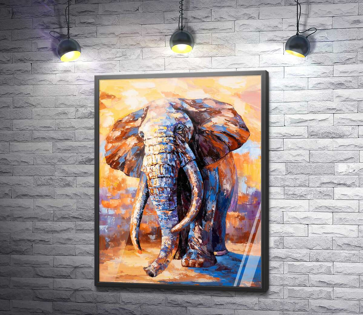 постер Огромный слон в сине-оранжевых красках