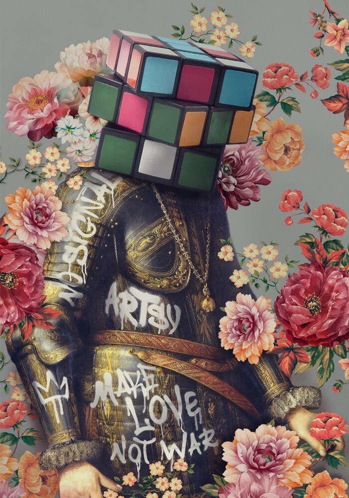 картина-постер Make love not war: рыцарь с цветами и головой кубика Рубика