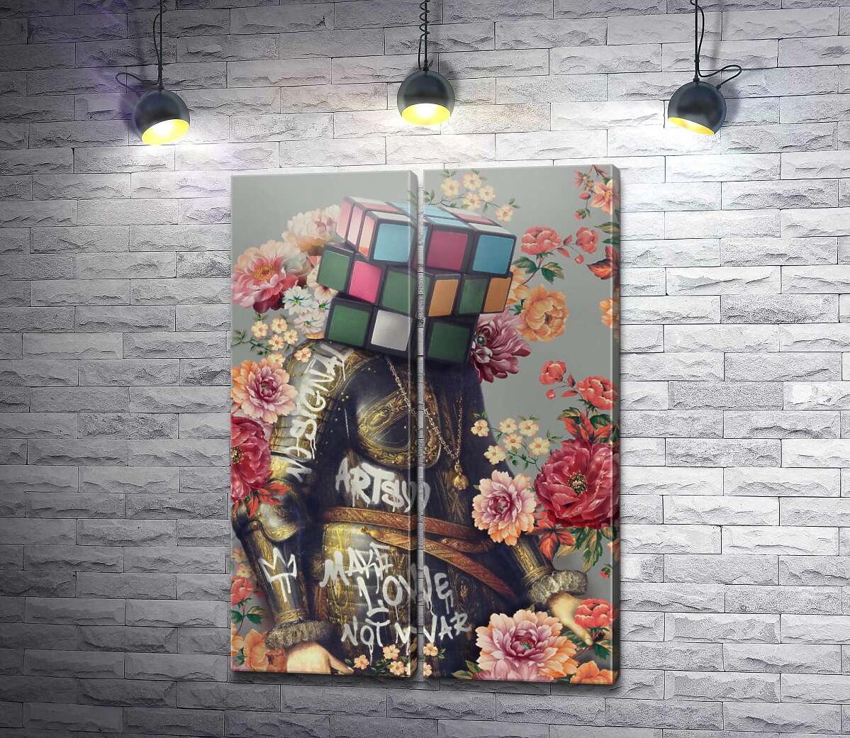 модульная картина Make love not war: рыцарь с цветами и головой кубика Рубика