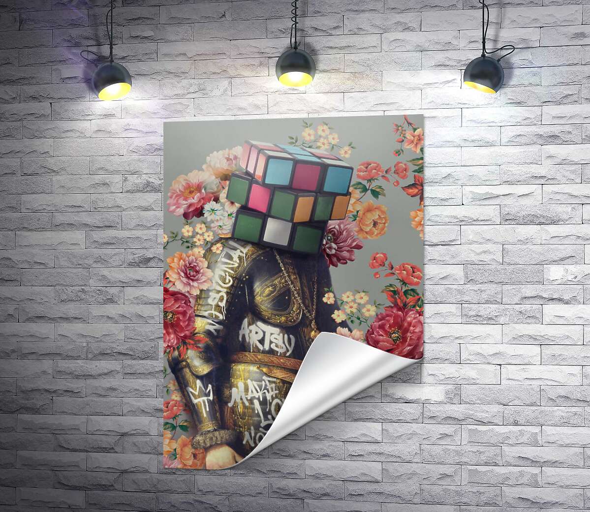 печать Make love not war: рыцарь с цветами и головой кубика Рубика