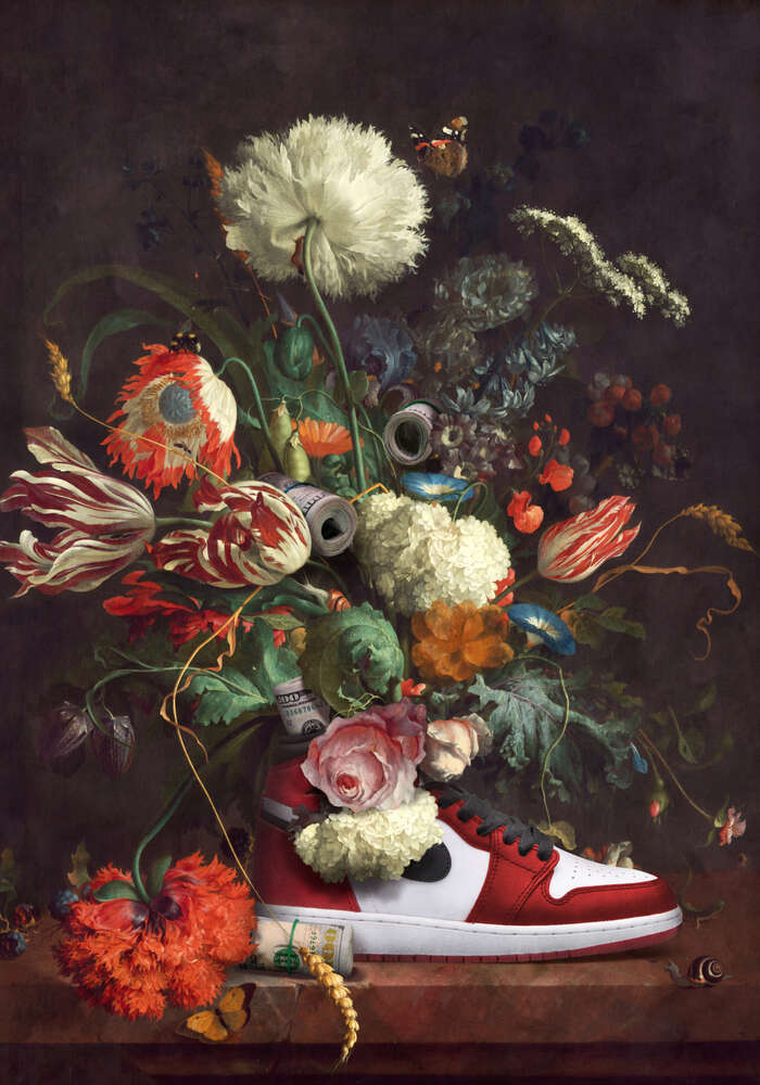 картина-постер Кроссовок с цветами и деньгами