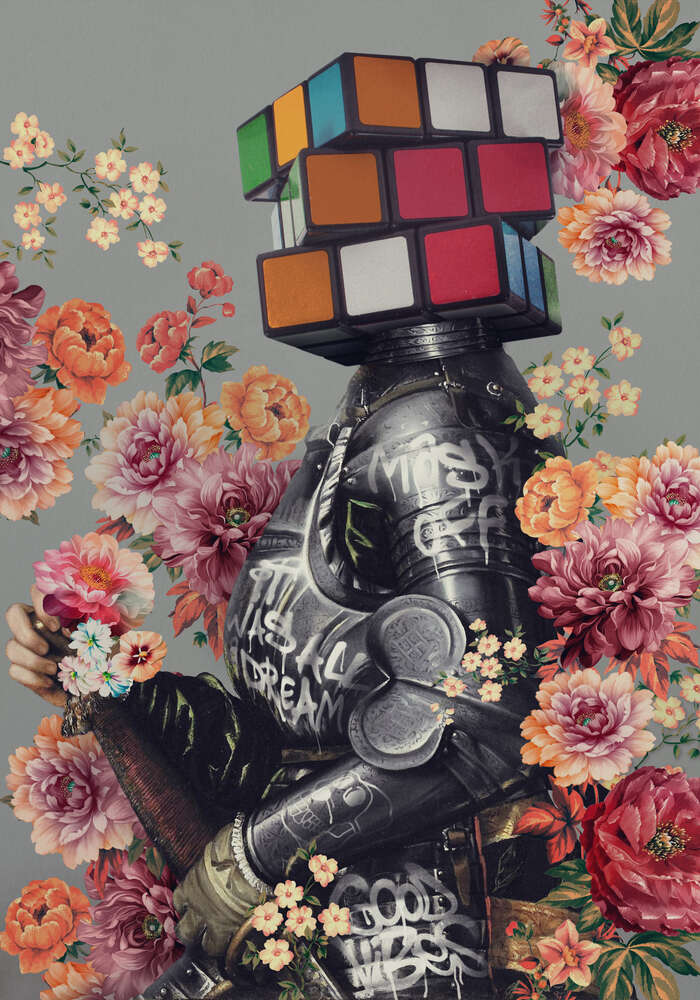 картина-постер Рыцарь с цветами и головой кубика Рубика