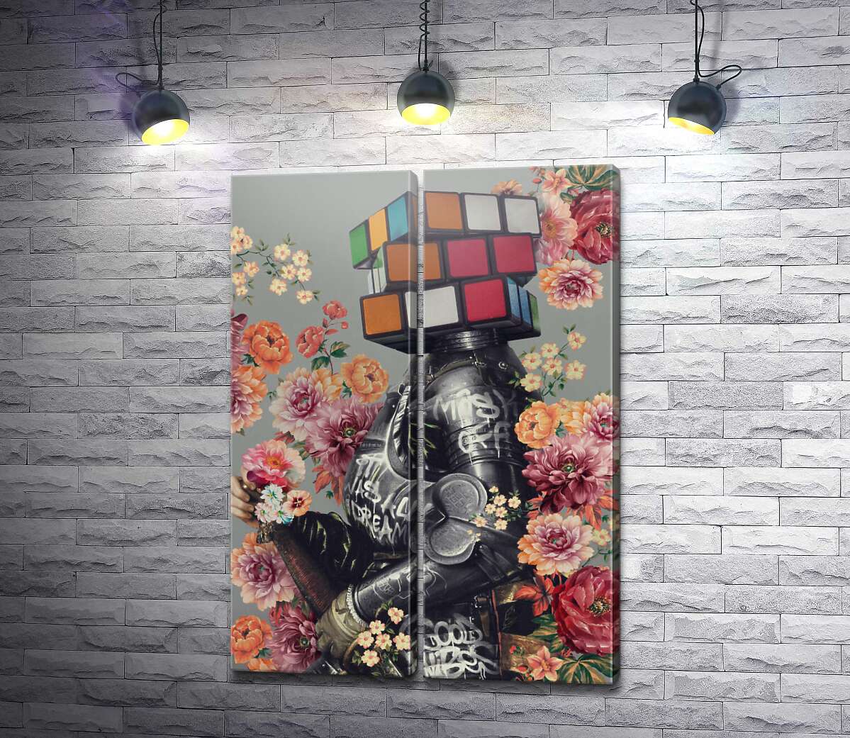 модульна картина Лицар з квітами та головою кубика Рубіка