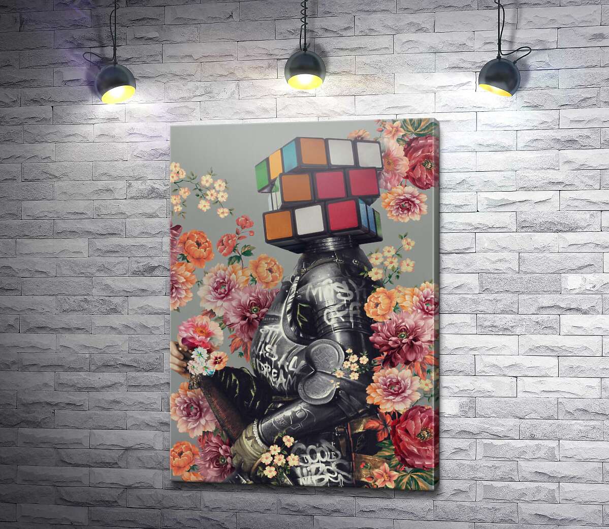 картина Рыцарь с цветами и головой кубика Рубика