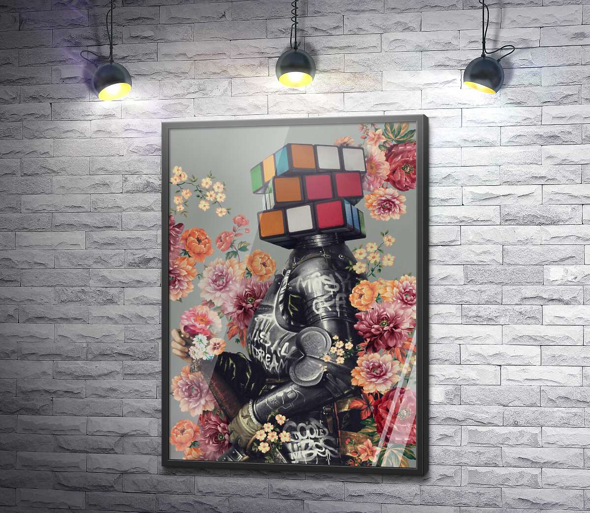 постер Лицар з квітами та головою кубика Рубіка