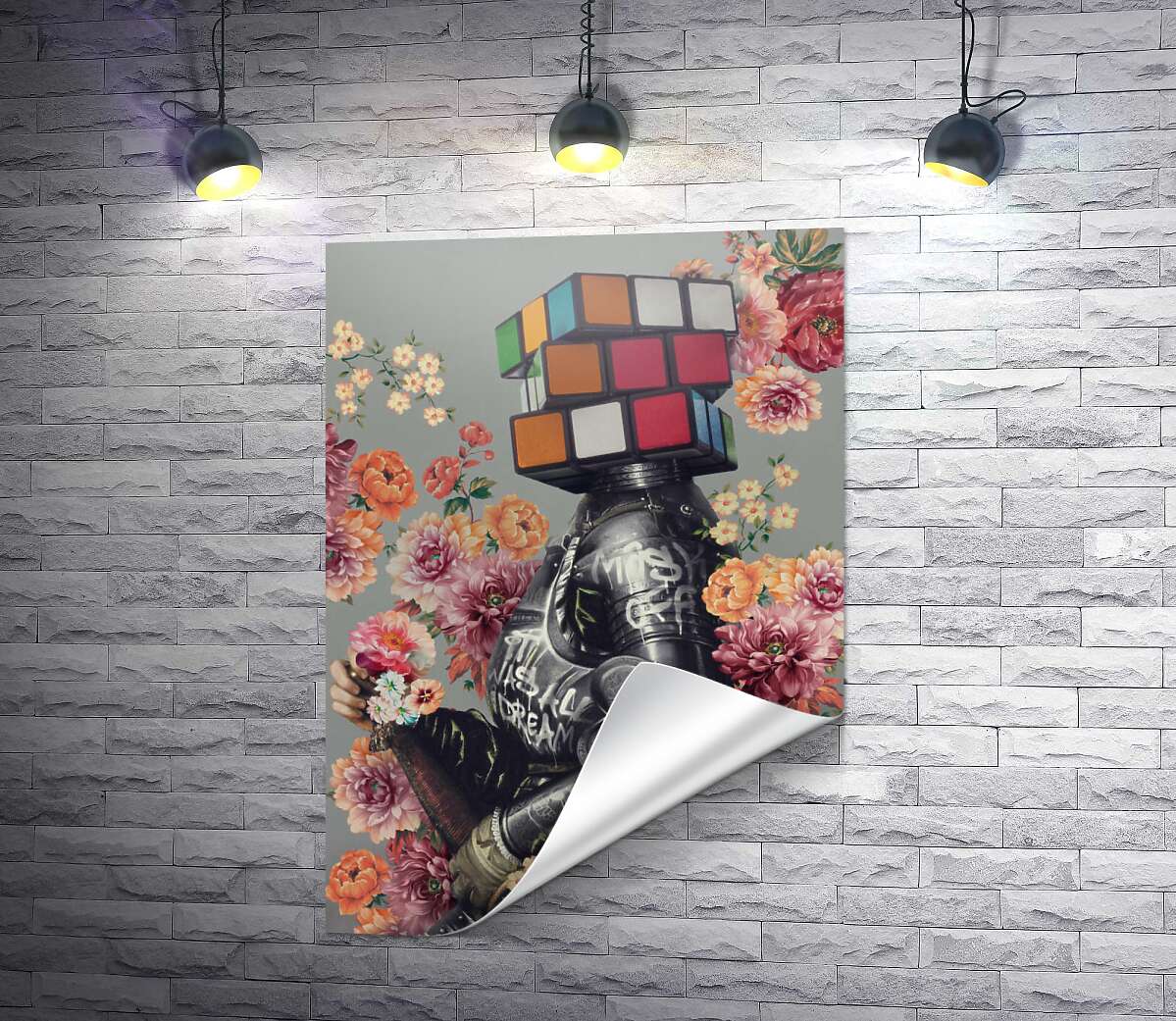 печать Рыцарь с цветами и головой кубика Рубика