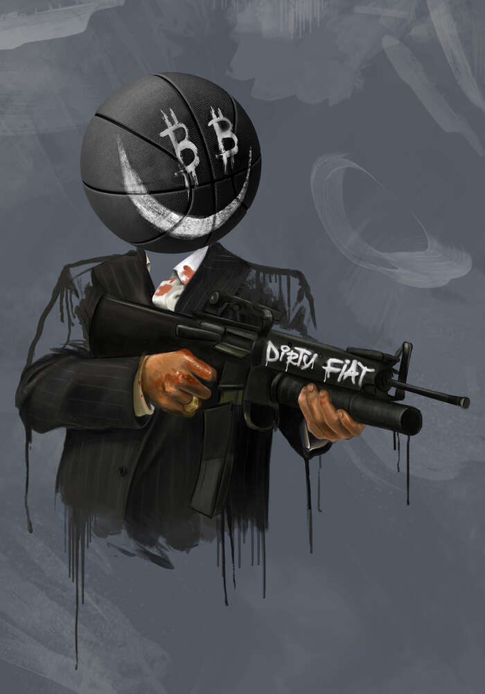 картина-постер Грязный фиат: мяч-гангстер с оружием (биткоин)