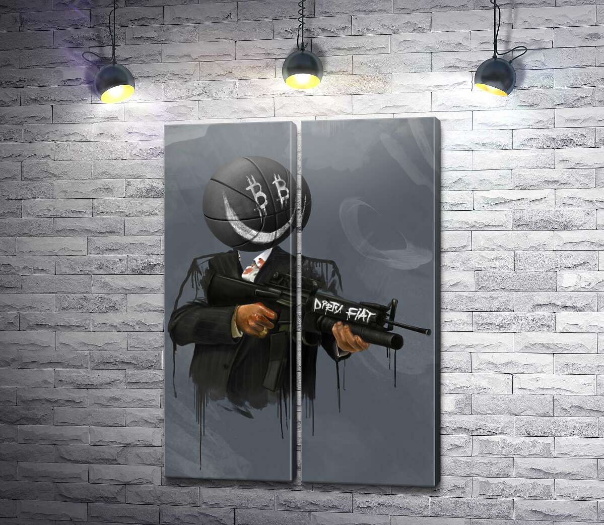 модульная картина Грязный фиат: мяч-гангстер с оружием (биткоин)
