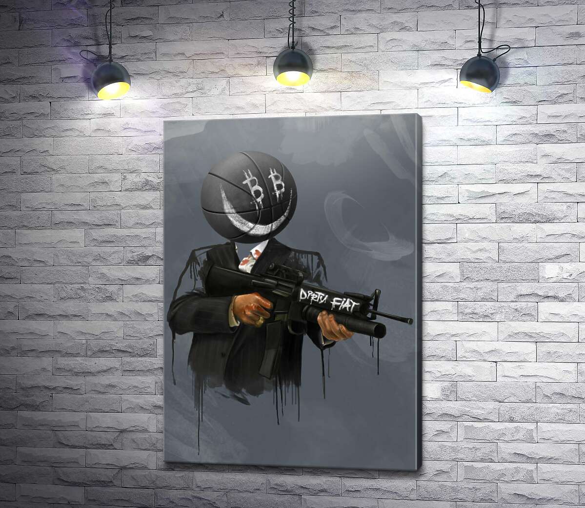 картина Грязный фиат: мяч-гангстер с оружием (биткоин)