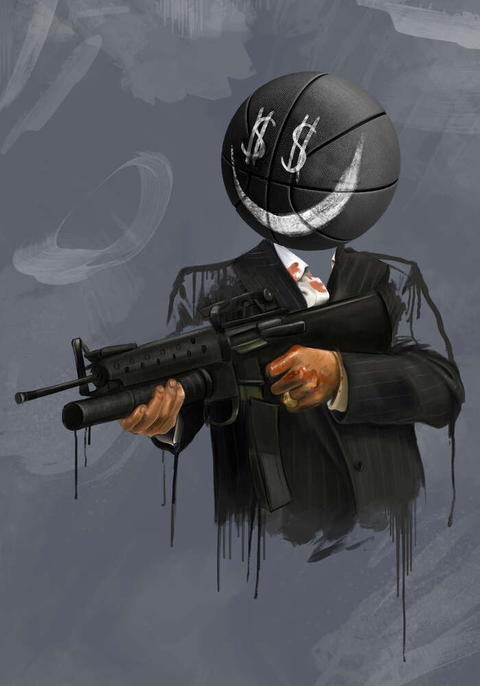 картина-постер Грязный фиат: мяч-гангстер с оружием