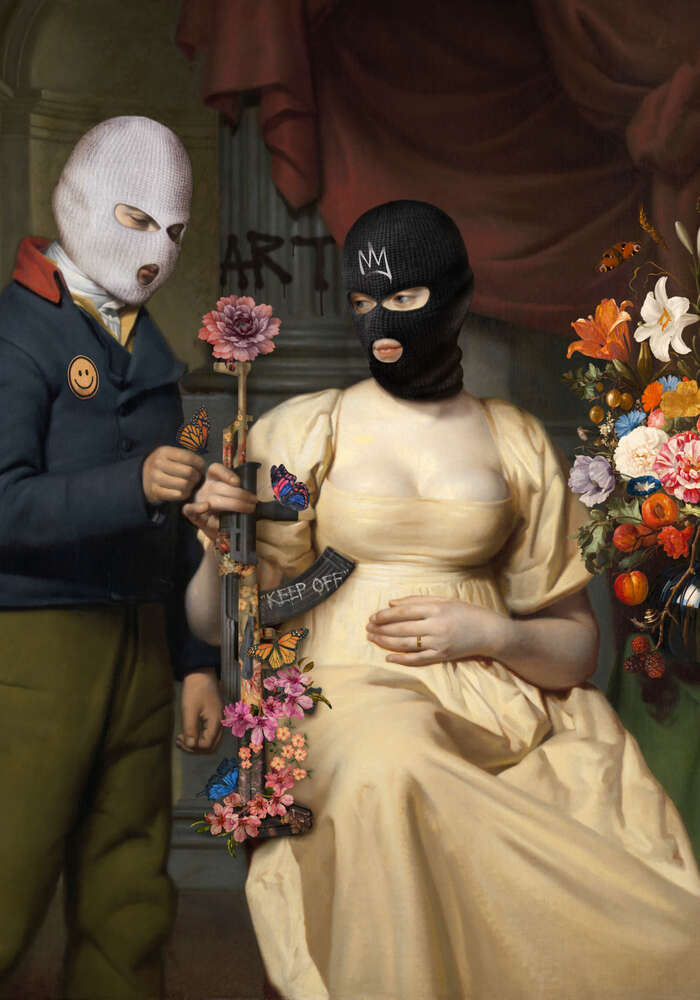 картина-постер Пара в масках, квіти та зброя