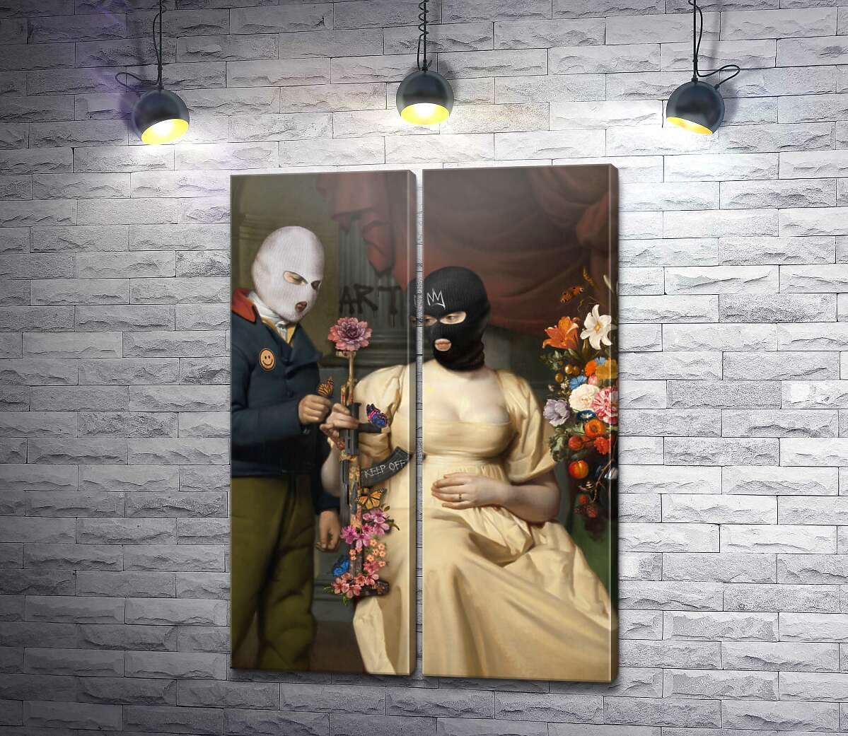 модульна картина Пара в масках, квіти та зброя