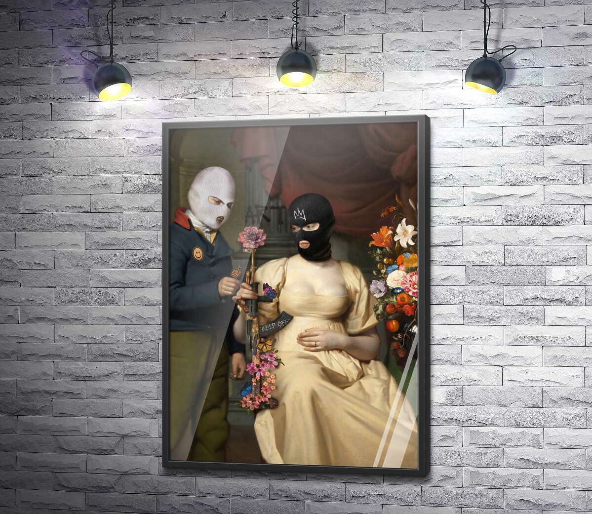постер Пара в масках, цветы и оружие