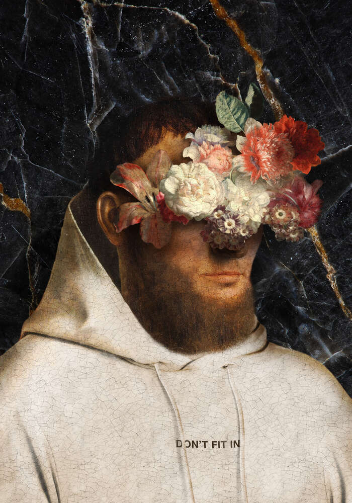 картина-постер Чоловік у худі та букет квітів