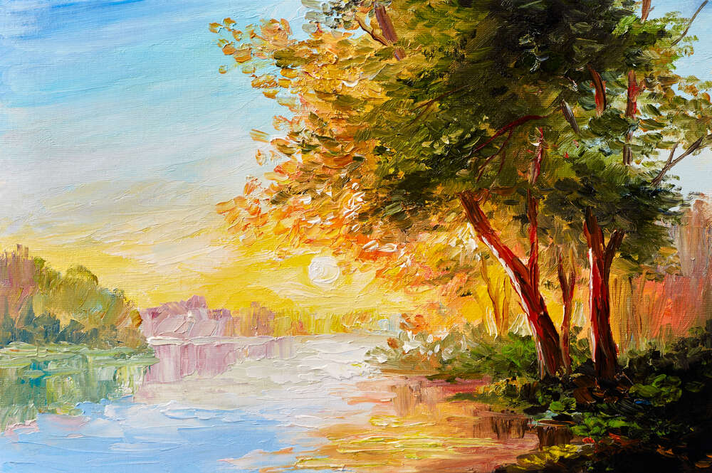 картина-постер Восход над берегом реки