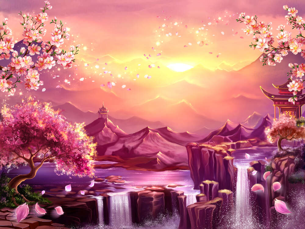 картина-постер Цветущая сакура над водой скалистых водопадов