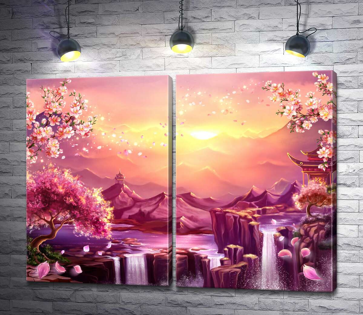 модульная картина Цветущая сакура над водой скалистых водопадов