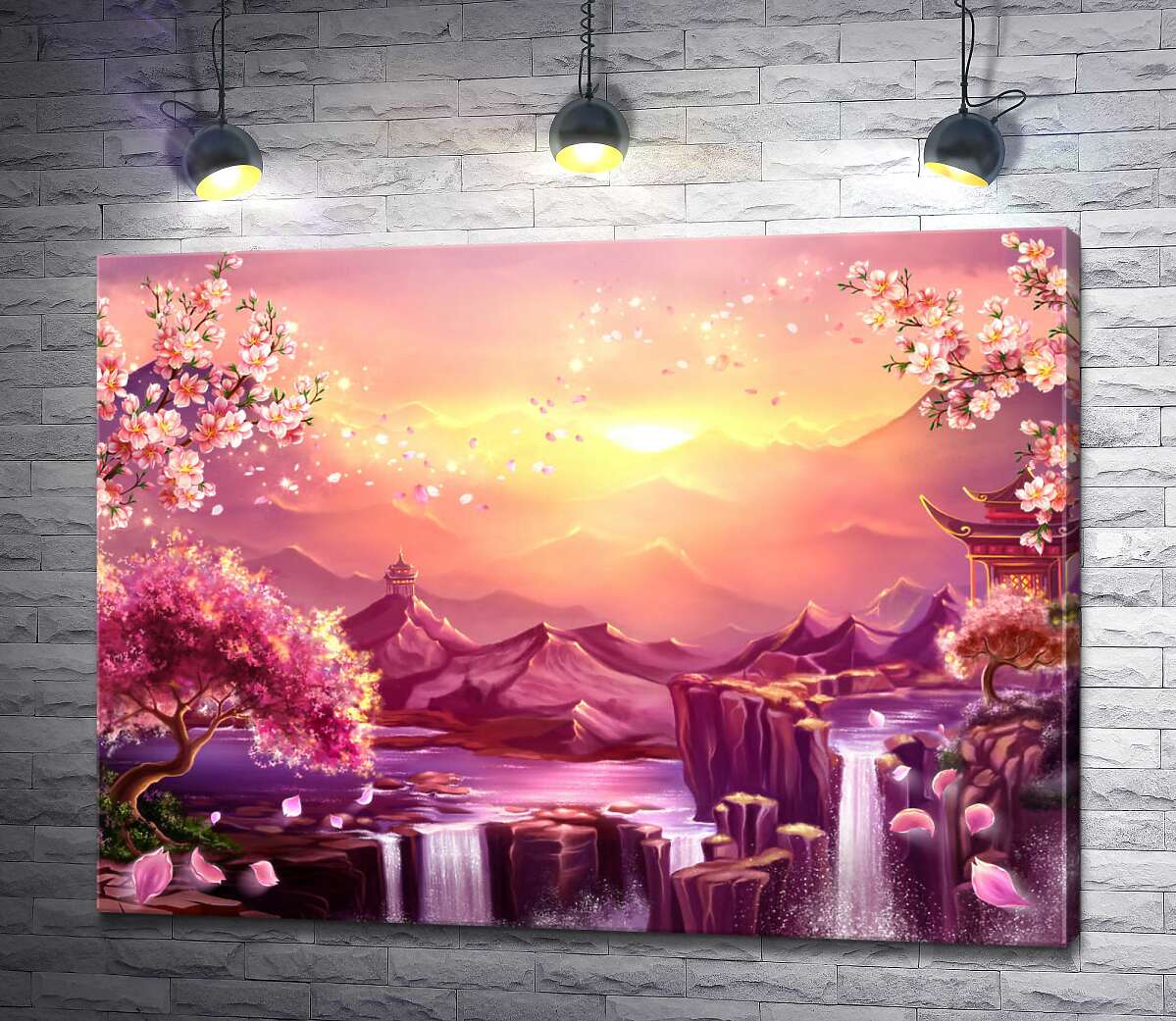 картина Цветущая сакура над водой скалистых водопадов