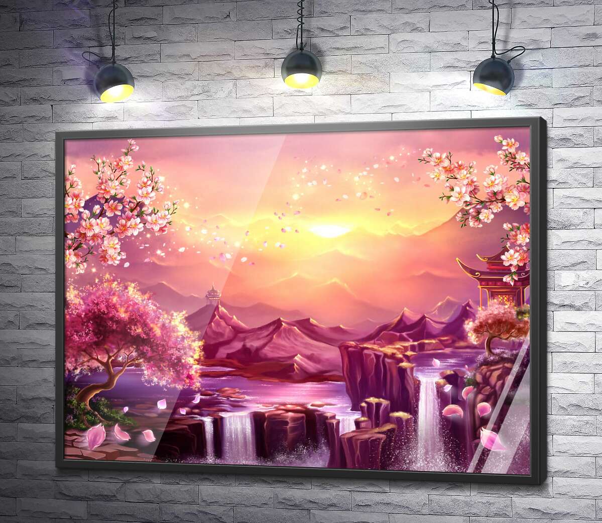 постер Квітуча сакура над водою скелястих водоспадів