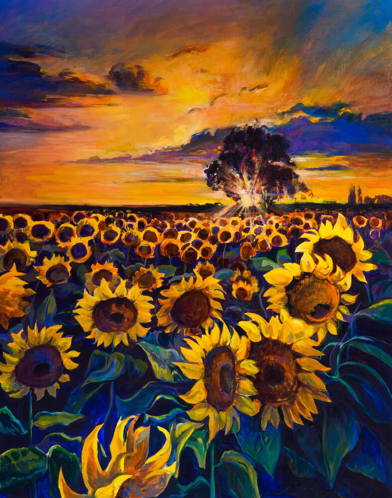 картина-постер Золотой закат над полем подсолнечника