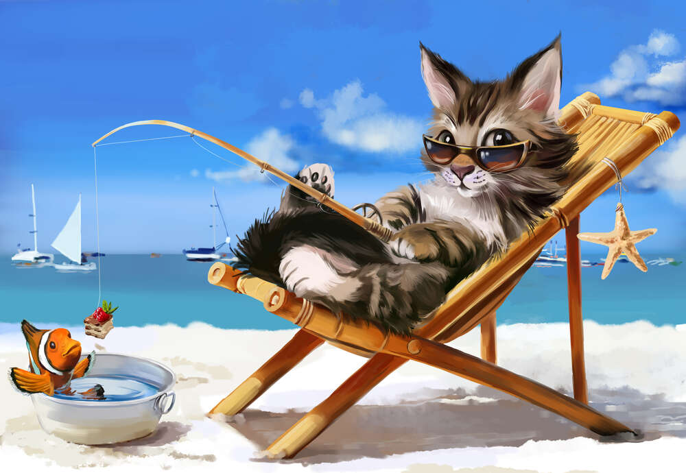 картина-постер Стильный отдых кота на море