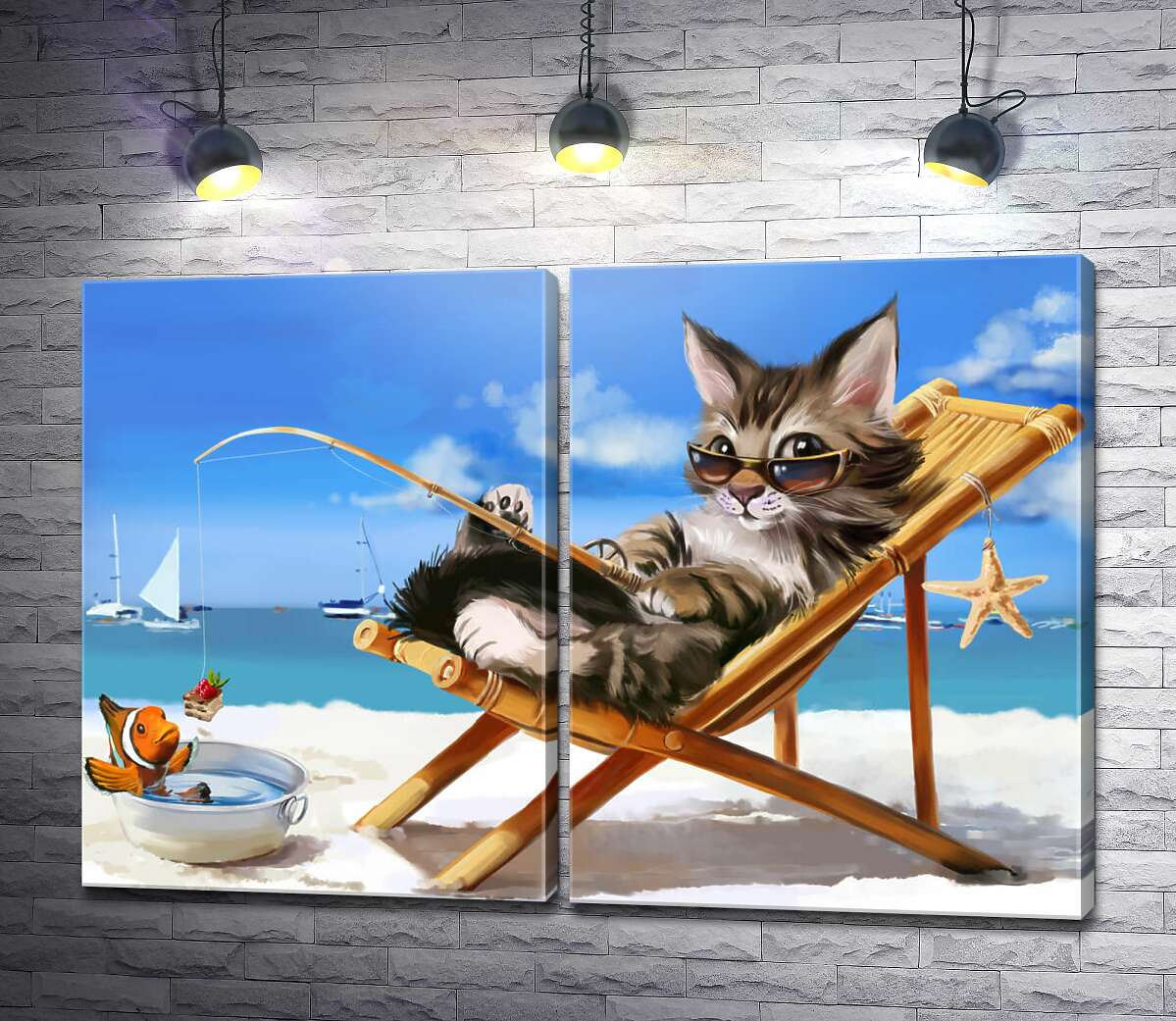 модульная картина Стильный отдых кота на море