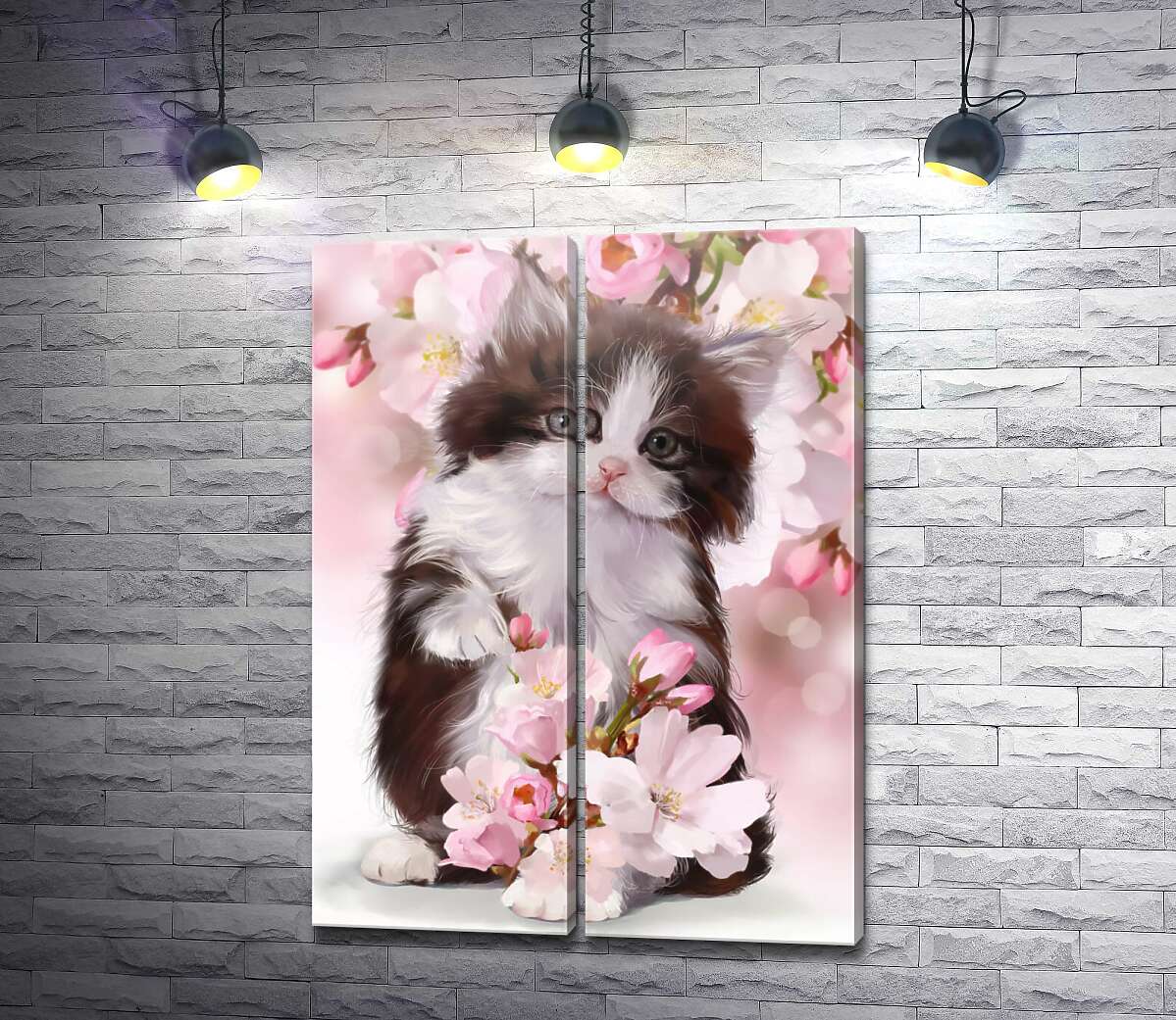 модульная картина Милый котенок в цветах яблони