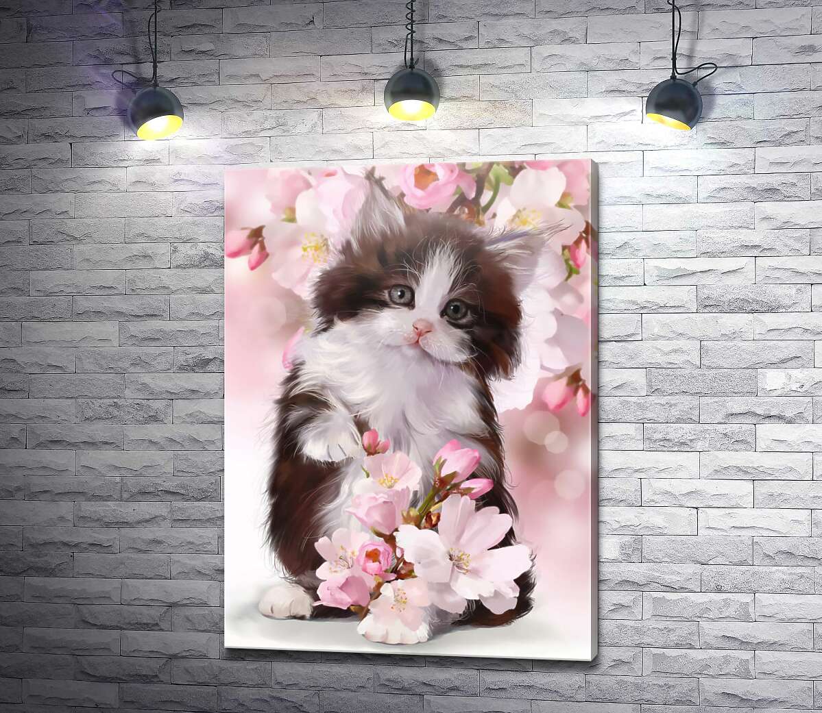 картина Милый котенок в цветах яблони