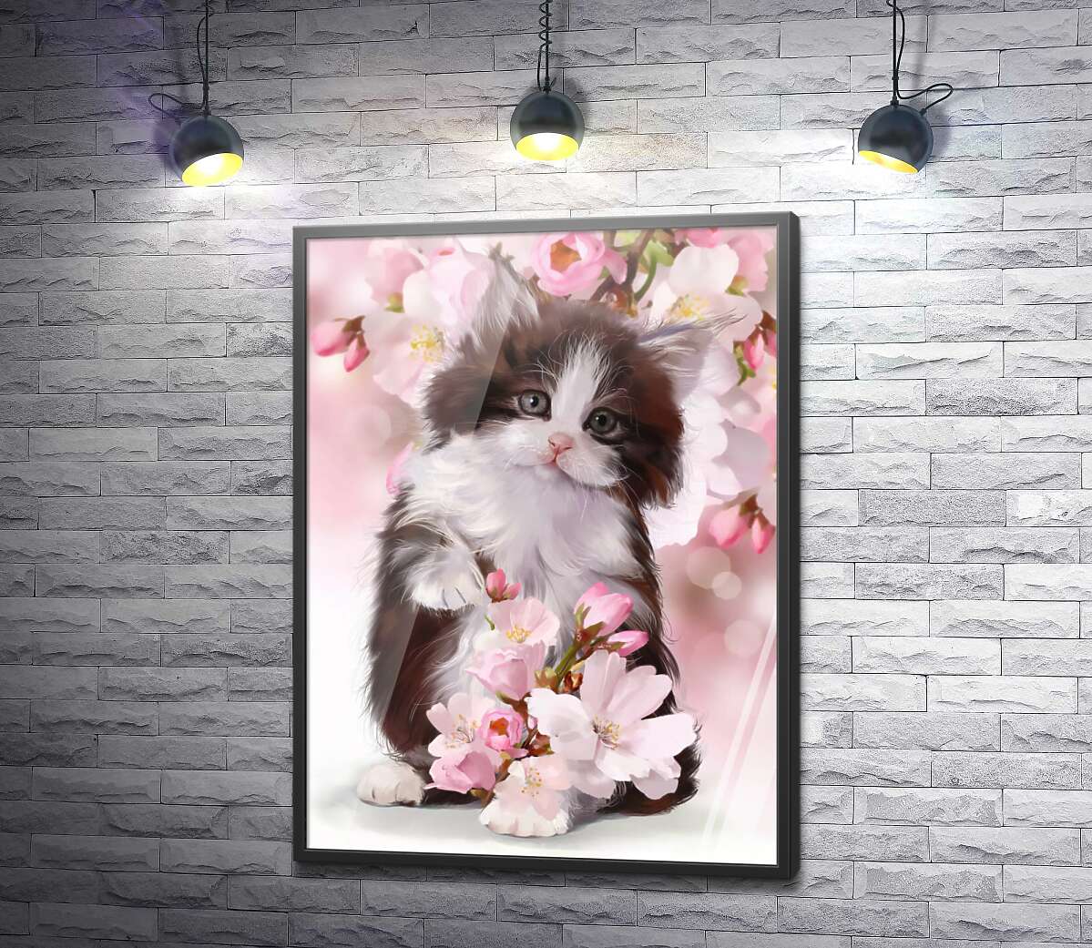 постер Милый котенок в цветах яблони