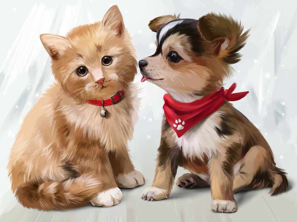 картина-постер Крошки-друзья котенок и щенок