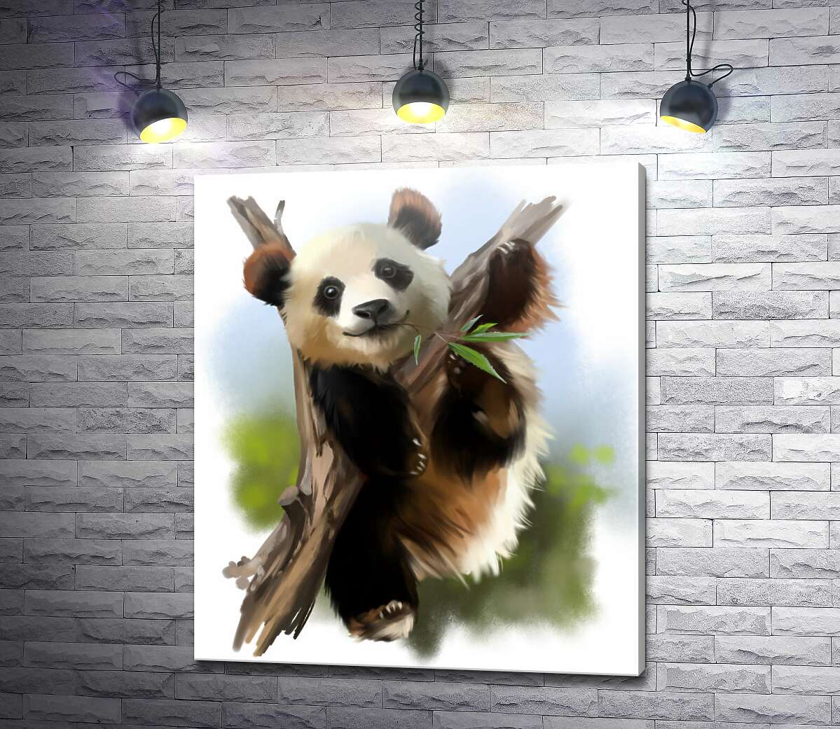 картина Радостная панда жует бамбук на ветке