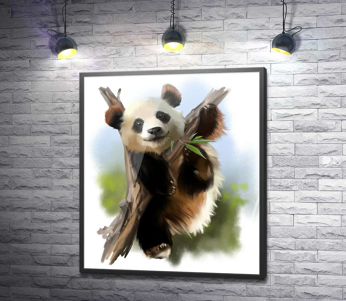 постер Радостная панда жует бамбук на ветке
