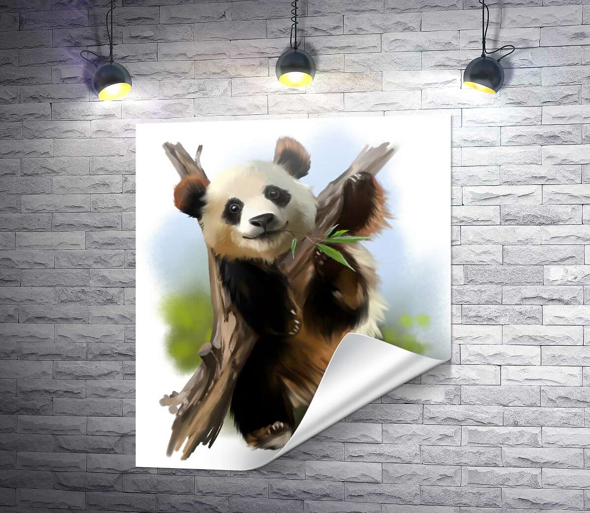 печать Радостная панда жует бамбук на ветке