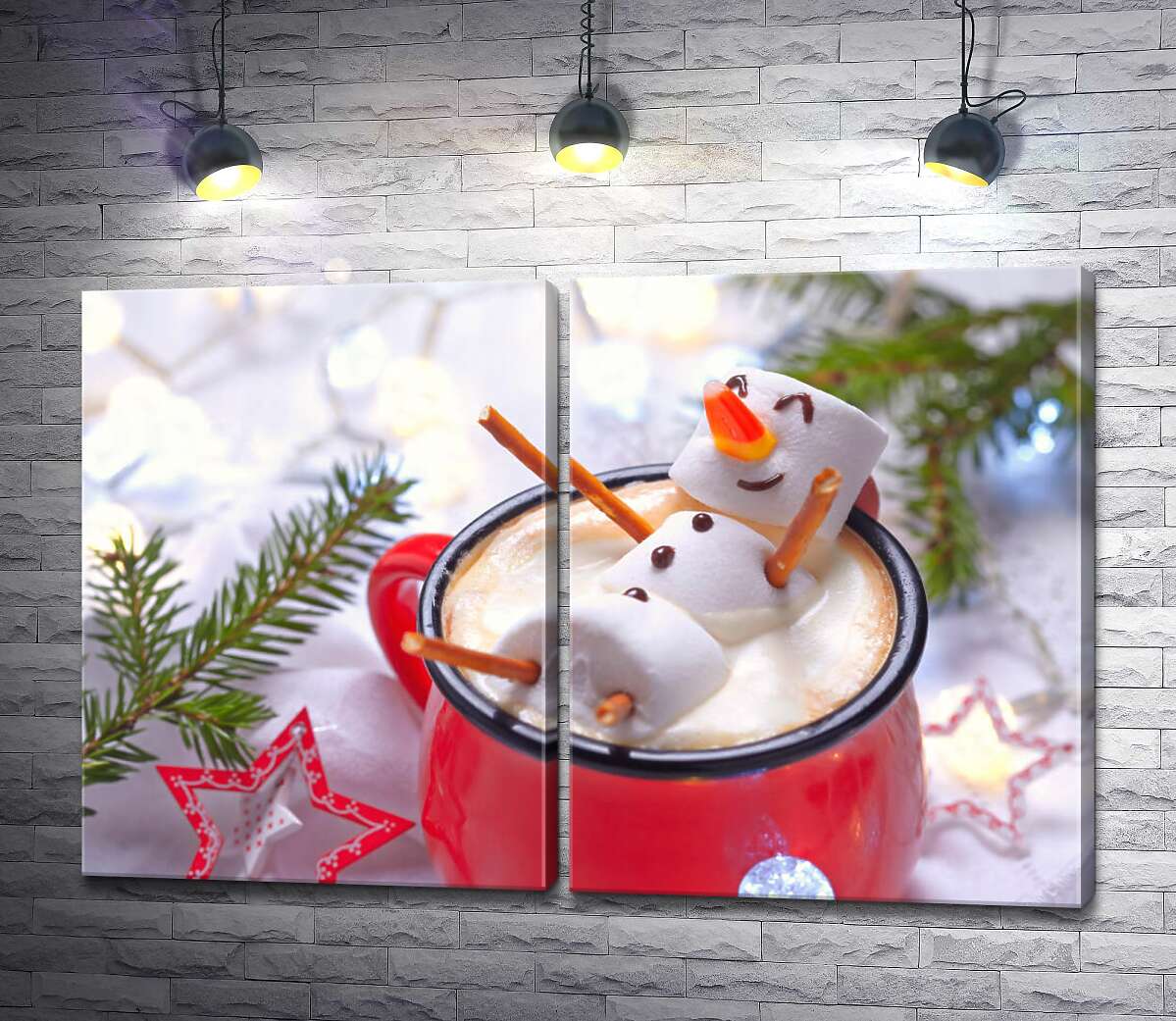 модульна картина Веселий сніговик-маршмеллоу відпочиває у чашці різдвяного какао