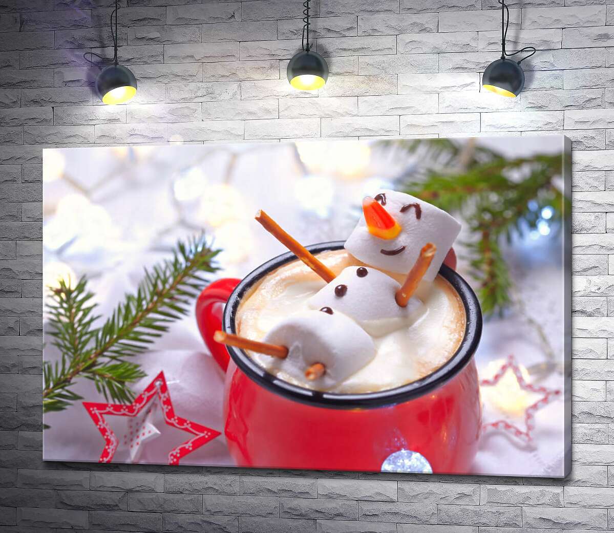 картина Веселый снеговик-маршмеллоу отдыхает в чашке рождественского какао