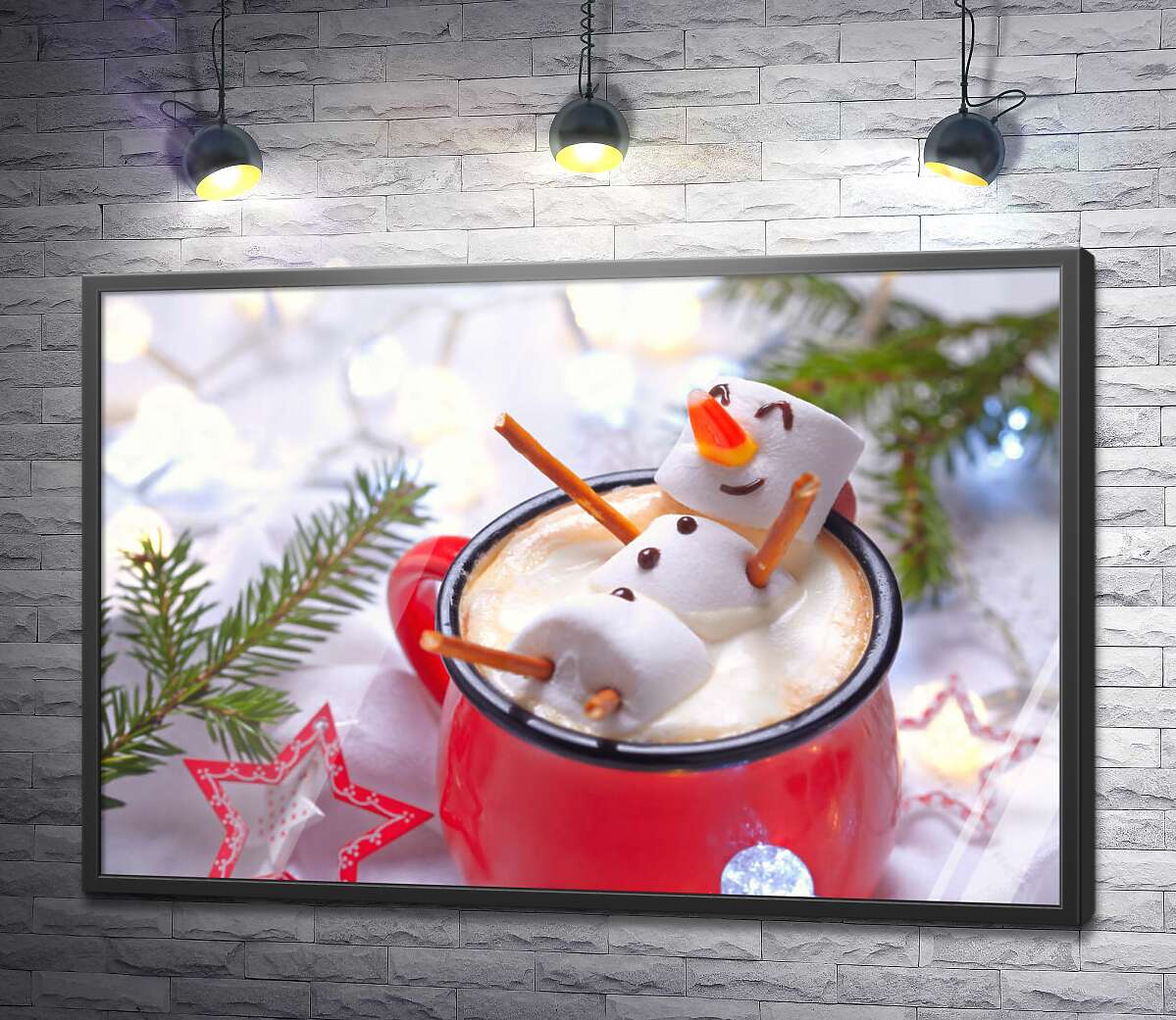 постер Веселый снеговик-маршмеллоу отдыхает в чашке рождественского какао