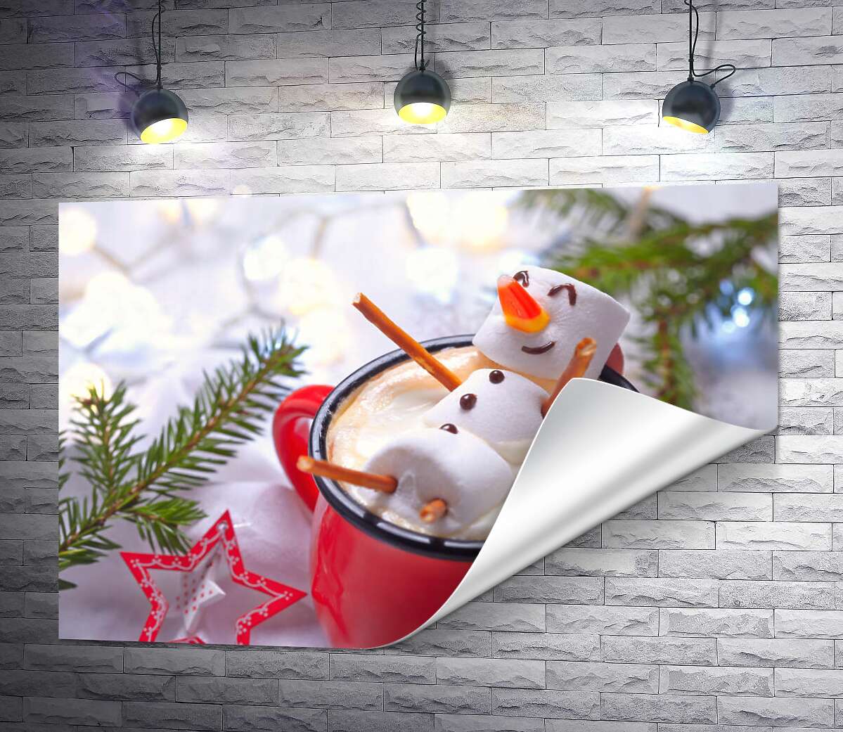 друк Веселий сніговик-маршмеллоу відпочиває у чашці різдвяного какао